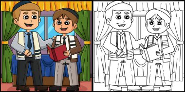 Bu boyama sayfasında bir hahamla birlikte bir Bar Mitzvah çocuğu var. Bu illüstrasyonun bir tarafı renkli ve çocuklar için bir ilham kaynağı..