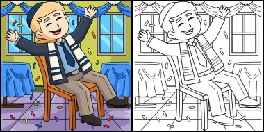 Bu boyama sayfasında Hora yapan bir Bar Mitzvah çocuğu var. Bu illüstrasyonun bir tarafı renkli ve çocuklar için bir ilham kaynağı..