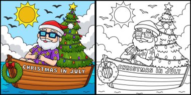 Bu boyama sayfasında Temmuz 'da Noel Baba' nın bir teknede olduğu yazıyor. Bu illüstrasyonun bir tarafı renkli ve çocuklar için bir ilham kaynağı.. 