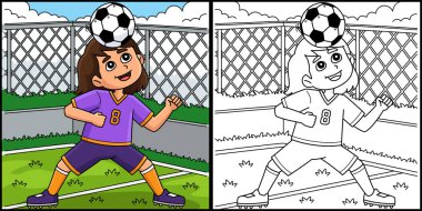 Bu renklendirme sayfası Topun Dengelendiği Kadın Futbolcuyu gösteriyor. Bu illüstrasyonun bir tarafı renkli ve çocuklar için bir ilham kaynağı..