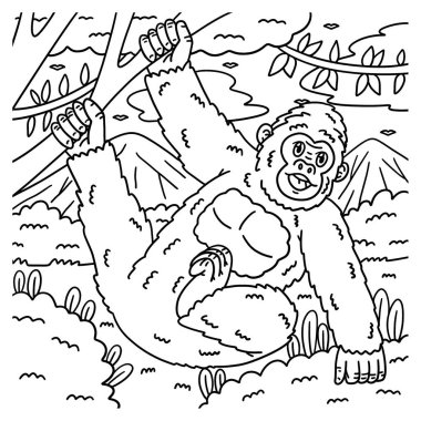 Ağacın dalından sarkan bir gorilin sevimli ve komik renkli sayfası. Çocuklar için saatlerce boyama eğlencesi sağlıyor. Renklendirmek için, bu sayfa çok kolaydır. Küçük çocuklar ve yeni yürümeye başlayanlar için uygun..