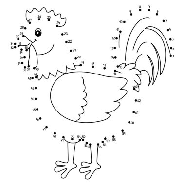 Noktaları birleştiren sevimli ve komik bir Dot Rooster Hayvan Boyama sayfası.