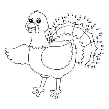 Noktaları birleştiren şirin ve komik bir hindi hayvan boyama sayfası.