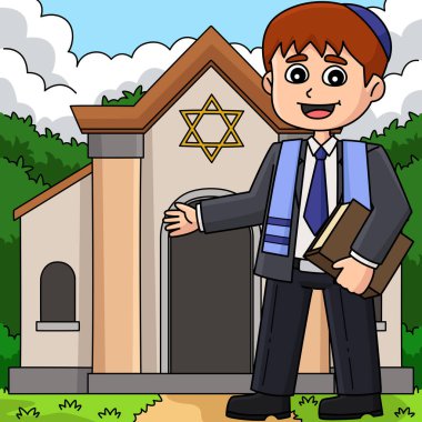Bu karikatür, bir sinagogda resim kutlayan Bar Mitzvah Boy 'u gösteriyor..