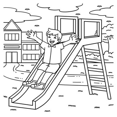 Bir slaytta oynayan bir Playground Boy 'un sevimli ve komik renkli sayfası. Çocuklar için saatlerce boyama eğlencesi sağlıyor. Renklendirmek için, bu sayfa çok kolaydır. Küçük çocuklar ve yeni yürümeye başlayanlar için uygun.. 