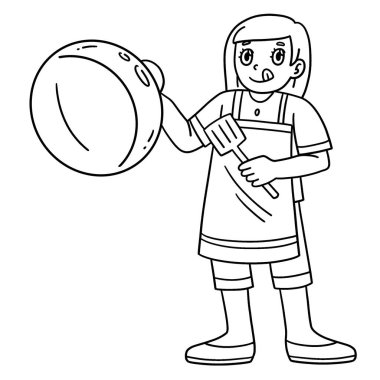 Izgara kapağı ve Spatula tutan bir kızın şirin ve komik renkli sayfası. Çocuklar için saatlerce boyama eğlencesi sağlıyor. Bu sayfayı boyamak çok kolaydır. Küçük çocuklar ve yeni yürümeye başlayanlar için uygun..