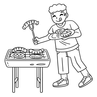 Mangal ve ızgaracı çocuğun yemek tabağı koyduğu sevimli ve komik bir sayfa. Çocuklar için saatlerce boyama eğlencesi sağlıyor. Bu sayfayı boyamak çok kolaydır. Küçük çocuklar ve yeni yürümeye başlayanlar için uygun..