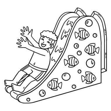 Su kaydırağındaki bir yüzücü çocuğun sevimli ve komik renkli sayfası. Çocuklar için saatlerce boyama eğlencesi sağlıyor. Bu sayfayı boyamak çok kolaydır. Küçük çocuklar ve yeni yürümeye başlayanlar için uygun..