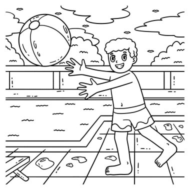 Plaj topu oynayan bir yüzücü çocuğun sevimli ve komik renkli sayfası. Çocuklar için saatlerce boyama eğlencesi sağlıyor. Bu sayfayı boyamak çok kolaydır. Küçük çocuklar ve yeni yürümeye başlayanlar için uygun..