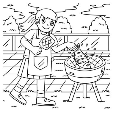 Mangal ve ızgara yapan kızın yemek koyduğu sevimli ve komik bir boyama sayfası. Çocuklar için saatlerce boyama eğlencesi sağlıyor. Bu sayfayı boyamak çok kolaydır. Küçük çocuklar ve yeni yürümeye başlayanlar için uygun..