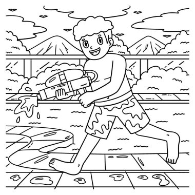 Yüzücü çocuğun su tabancasıyla oynadığı sevimli ve komik bir sayfa. Çocuklar için saatlerce boyama eğlencesi sağlıyor. Bu sayfayı boyamak çok kolaydır. Küçük çocuklar ve yeni yürümeye başlayanlar için uygun..