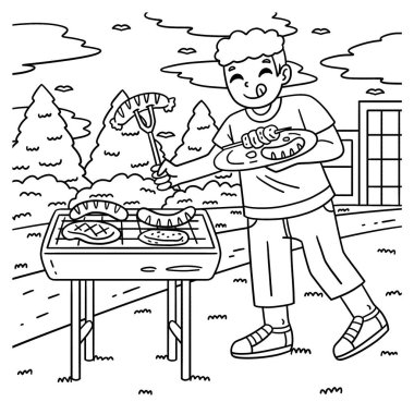 Tabağa yemek koyan mangal ve ızgaracı çocuğun sevimli ve komik renkli sayfası. Çocuklar için saatlerce boyama eğlencesi sağlıyor. Bu sayfayı boyamak çok kolaydır. Küçük çocuklar ve yeni yürümeye başlayanlar için uygun..