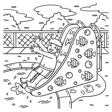 Su kaydırağındaki bir yüzücü çocuğun sevimli ve komik renkli sayfası. Çocuklar için saatlerce boyama eğlencesi sağlıyor. Bu sayfayı boyamak çok kolaydır. Küçük çocuklar ve yeni yürümeye başlayanlar için uygun..