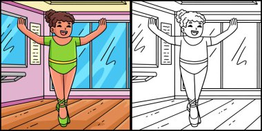 Bu renklendirme sayfası balerin pozisyonunu gösteriyor. Bu illüstrasyonun bir tarafı renkli ve çocuklar için bir ilham kaynağı..