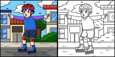 Bu renklendirme sayfasında dengede durmaya çalışan İç Patenci Çocuk var. Bu illüstrasyonun bir tarafı renkli ve çocuklar için bir ilham kaynağı..