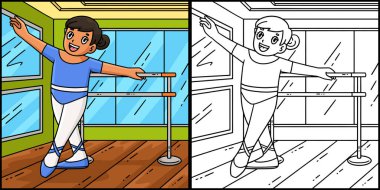 Bu boyama sayfası bir balerin ile bale çalışmasını gösteriyor. Bu illüstrasyonun bir tarafı renkli ve çocuklar için bir ilham kaynağı..