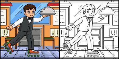 Bu boyama sayfası Inline Skates Garson 'ı gösteriyor. Bu illüstrasyonun bir tarafı renkli ve çocuklar için bir ilham kaynağı..