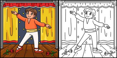 Bu renklendirme sayfası Bale Danseur 'un Kenara Adım attığını gösteriyor. Bu illüstrasyonun bir tarafı renkli ve çocuklar için bir ilham kaynağı..