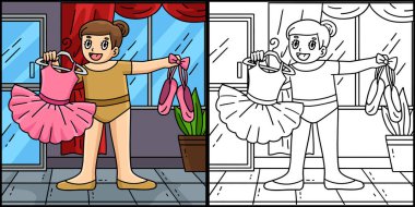 Bu boyama sayfasında bir balerin nesneleri taşıyor. Bu illüstrasyonun bir tarafı renkli ve çocuklar için bir ilham kaynağı..