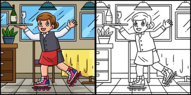 Bu boyama sayfasında Dişi Inline Paten Garsonu var. Bu illüstrasyonun bir tarafı renkli ve çocuklar için bir ilham kaynağı..