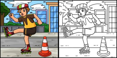 Bu renklendirme sayfası, Trafik Konisinden Kaçan İç Patenci 'yi gösterir. Bu illüstrasyonun bir tarafı renkli ve çocuklar için bir ilham kaynağı..