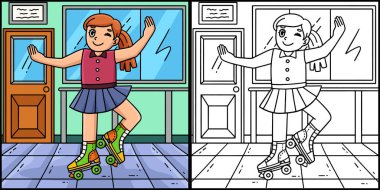 Bu renkli sayfa patenci bir kızın dans edişini gösteriyor. Bu illüstrasyonun bir tarafı renkli ve çocuklar için bir ilham kaynağı..