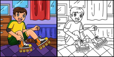 Bu renklendirme sayfası Inline Paten Ayakkabısı Giyen Kaykaycıyı gösteriyor. Bu illüstrasyonun bir tarafı renkli ve çocuklar için bir ilham kaynağı..