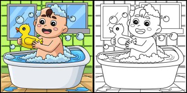 Bu boyama sayfası bir bebeğin duş aldığını gösteriyor. Bu illüstrasyonun bir tarafı renkli ve çocuklar için bir ilham kaynağı..
