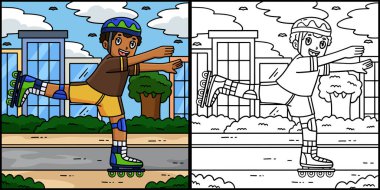 Bu renklendirme sayfası Inline Paten Ayakkabısı Giyen Kaykaycıyı gösteriyor. Bu illüstrasyonun bir tarafı renkli ve çocuklar için bir ilham kaynağı..