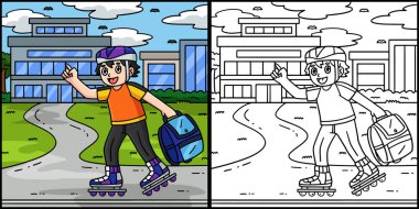 Bu boyama sayfasında okul çantalı bir Inline Skater var. Bu illüstrasyonun bir tarafı renkli ve çocuklar için bir ilham kaynağı..