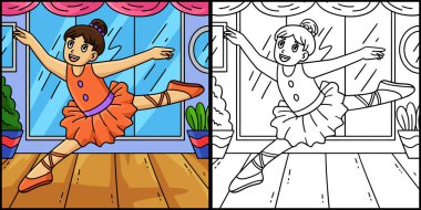 Bu boyama sayfası bir balerinin sıçrama yaptığını gösteriyor. Bu illüstrasyonun bir tarafı renkli ve çocuklar için bir ilham kaynağı..