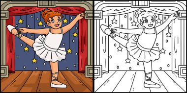 Bu boyama sayfasında Fondu yapan bir balerin var. Bu illüstrasyonun bir tarafı renkli ve çocuklar için bir ilham kaynağı..