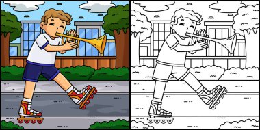 Bu boyama sayfası, içinde trompet olan bir Inline Skater gösteriyor. Bu illüstrasyonun bir tarafı renkli ve çocuklar için bir ilham kaynağı..