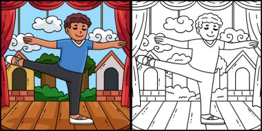 Bu renklendirme sayfası Arabesk pozisyonunda Bale Danseur 'u gösteriyor. Bu illüstrasyonun bir tarafı renkli ve çocuklar için bir ilham kaynağı..