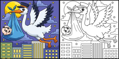 Bu boyama sayfasında Bebekli Bebek Duşu Leyleği var. Bu illüstrasyonun bir tarafı renkli ve çocuklar için bir ilham kaynağı..