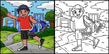 Bu boyama sayfası Inline Paten Taşıyan Patenciyi gösteriyor. Bu illüstrasyonun bir tarafı renkli ve çocuklar için bir ilham kaynağı..