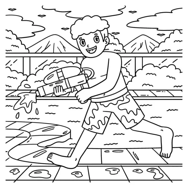 Yüzücü çocuğun su tabancasıyla oynadığı sevimli ve komik bir sayfa. Çocuklar için saatlerce boyama eğlencesi sağlıyor. Bu sayfayı boyamak çok kolaydır. Küçük çocuklar ve yeni yürümeye başlayanlar için uygun..