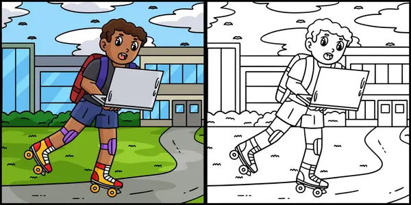 Bu boyama sayfasında dizüstü bilgisayarı olan bir patenci çocuk var. Bu illüstrasyonun bir tarafı renkli ve çocuklar için bir ilham kaynağı..