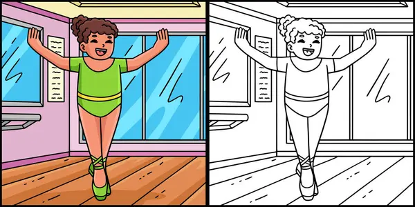 Bu renklendirme sayfası balerin pozisyonunu gösteriyor. Bu illüstrasyonun bir tarafı renkli ve çocuklar için bir ilham kaynağı..