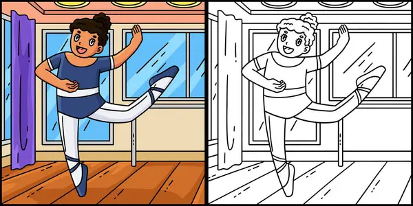 Bu renklendirme sayfası bir balerinin tutum sergilediğini gösteriyor. Bu illüstrasyonun bir tarafı renkli ve çocuklar için bir ilham kaynağı..