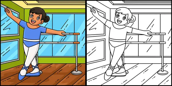 Bu boyama sayfası bir balerin ile bale çalışmasını gösteriyor. Bu illüstrasyonun bir tarafı renkli ve çocuklar için bir ilham kaynağı..