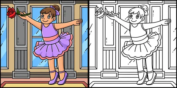 Bu boyama sayfası bir çiçekle dans eden balerini gösteriyor. Bu illüstrasyonun bir tarafı renkli ve çocuklar için bir ilham kaynağı..