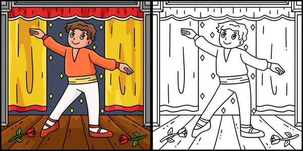Bu renklendirme sayfası Bale Danseur 'un Kenara Adım attığını gösteriyor. Bu illüstrasyonun bir tarafı renkli ve çocuklar için bir ilham kaynağı..