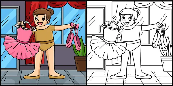 Bu boyama sayfasında bir balerin nesneleri taşıyor. Bu illüstrasyonun bir tarafı renkli ve çocuklar için bir ilham kaynağı..