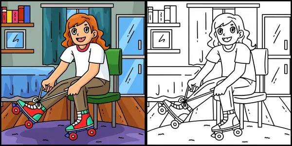 Bu renkli sayfa otururken paten giyen bir kızı gösteriyor. Bu illüstrasyonun bir tarafı renkli ve çocuklar için bir ilham kaynağı..