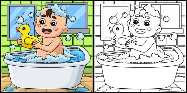 Bu boyama sayfası bir bebeğin duş aldığını gösteriyor. Bu illüstrasyonun bir tarafı renkli ve çocuklar için bir ilham kaynağı..
