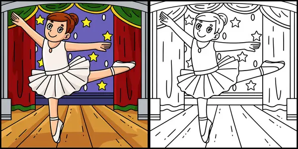 Bu renkli sayfada Arabesk dansı yapan bir balerin var. Bu illüstrasyonun bir tarafı renkli ve çocuklar için bir ilham kaynağı..