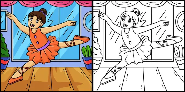 Bu boyama sayfası bir balerinin sıçrama yaptığını gösteriyor. Bu illüstrasyonun bir tarafı renkli ve çocuklar için bir ilham kaynağı..