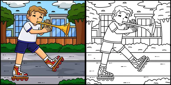 Bu boyama sayfası, içinde trompet olan bir Inline Skater gösteriyor. Bu illüstrasyonun bir tarafı renkli ve çocuklar için bir ilham kaynağı..
