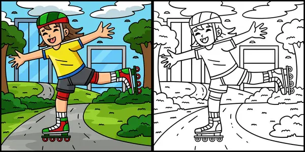 Bu renklendirme sayfası bir kadın Inline Paten Kaldıran Tek Ayağı gösteriyor. Bu illüstrasyonun bir tarafı renkli ve çocuklar için bir ilham kaynağı..